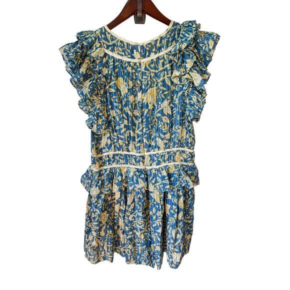 ULLA JOHNSON Endah Playsuit Blue & Yellow Lanai Size 10 Ruffles Frills Floral - Picture 8 of 11